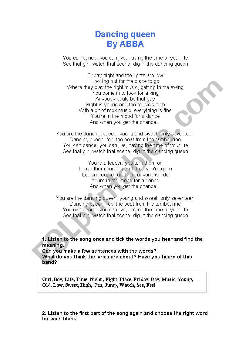 Dancing Queen - ABB (Activity) song…: English ESL worksheets pdf & doc