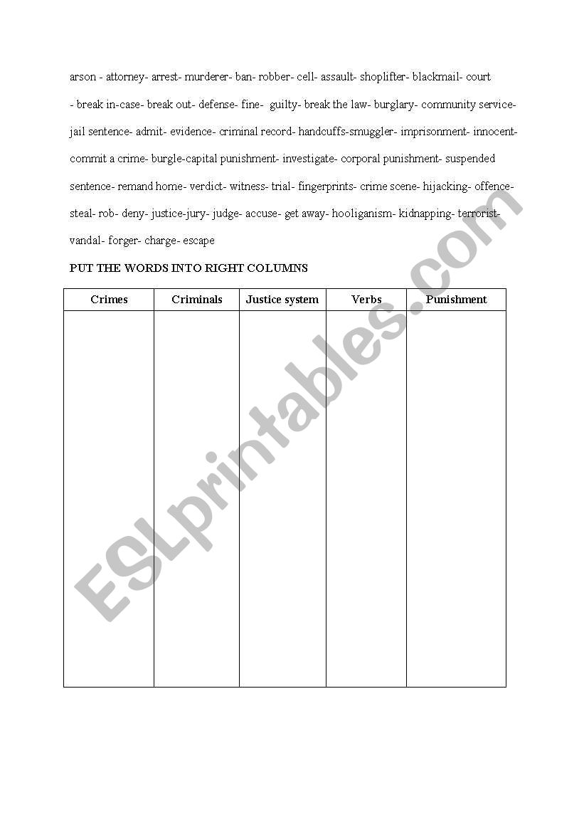 crime related vocabulary sheet