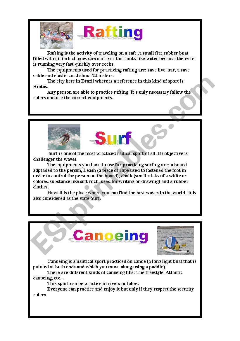 Water Radical sports: Reading worksheet