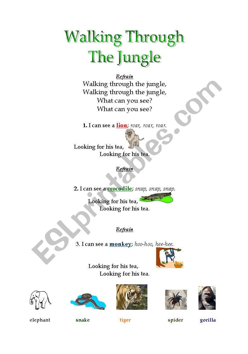 Walking Through The Jungle Song Esl Worksheet By Angelaboislard