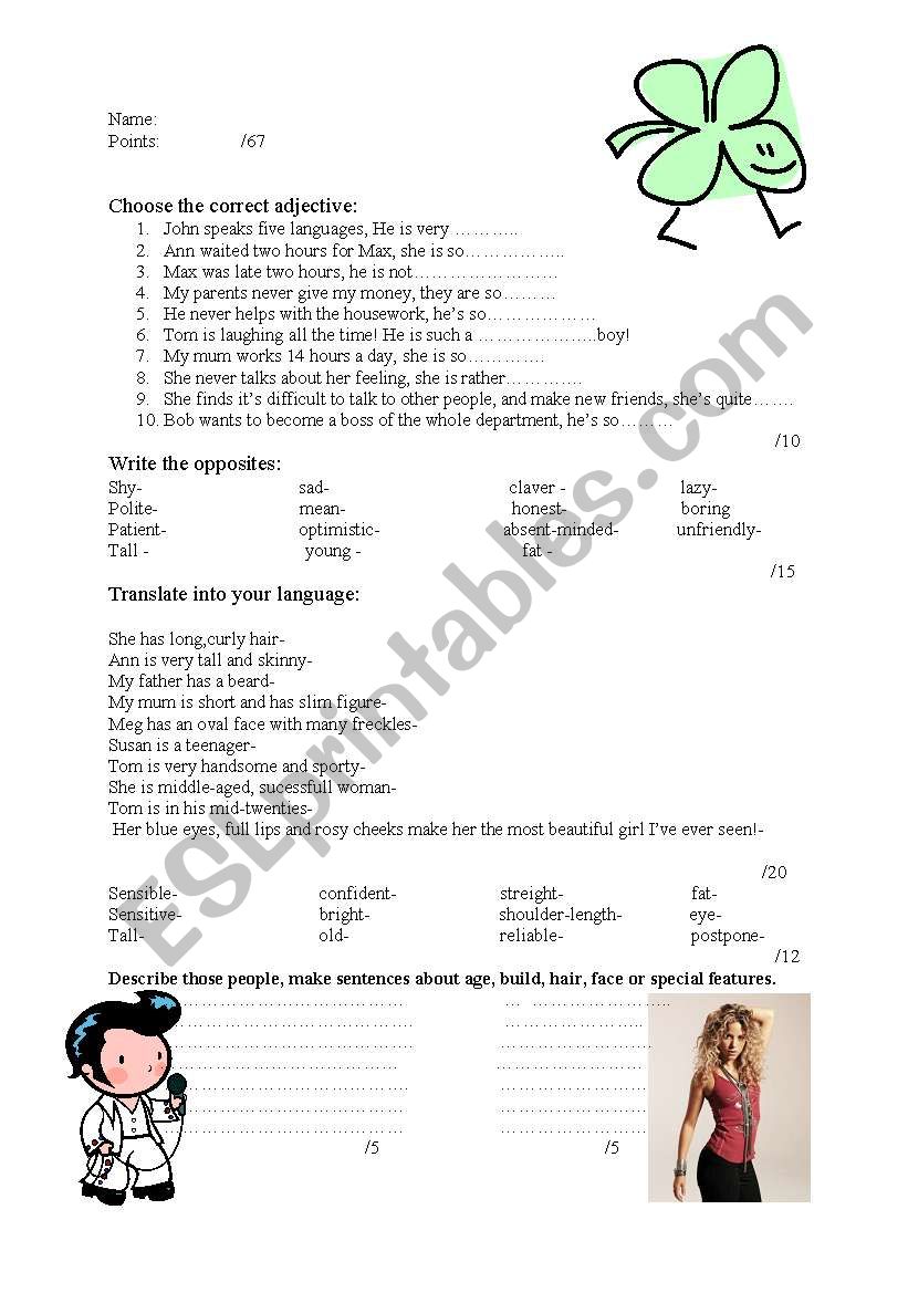 Describing people-test worksheet