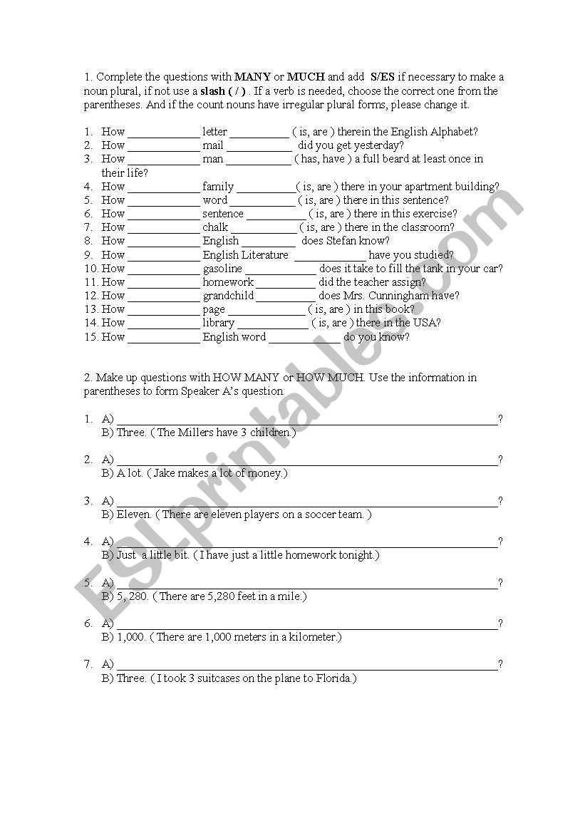 COUNTABLE AND UNCOUNTABLE worksheet