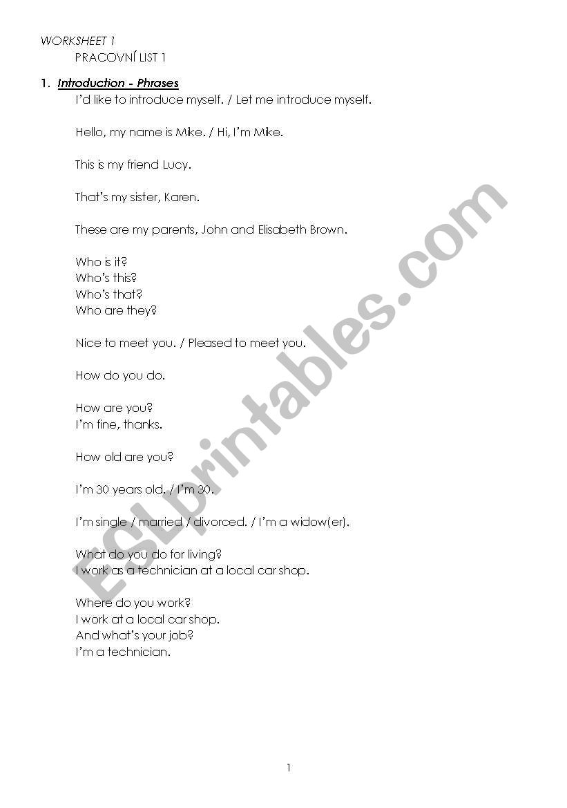 Introducing oneself - phrases, listening