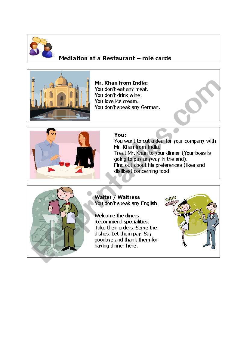 Mediation at a restaurant worksheet