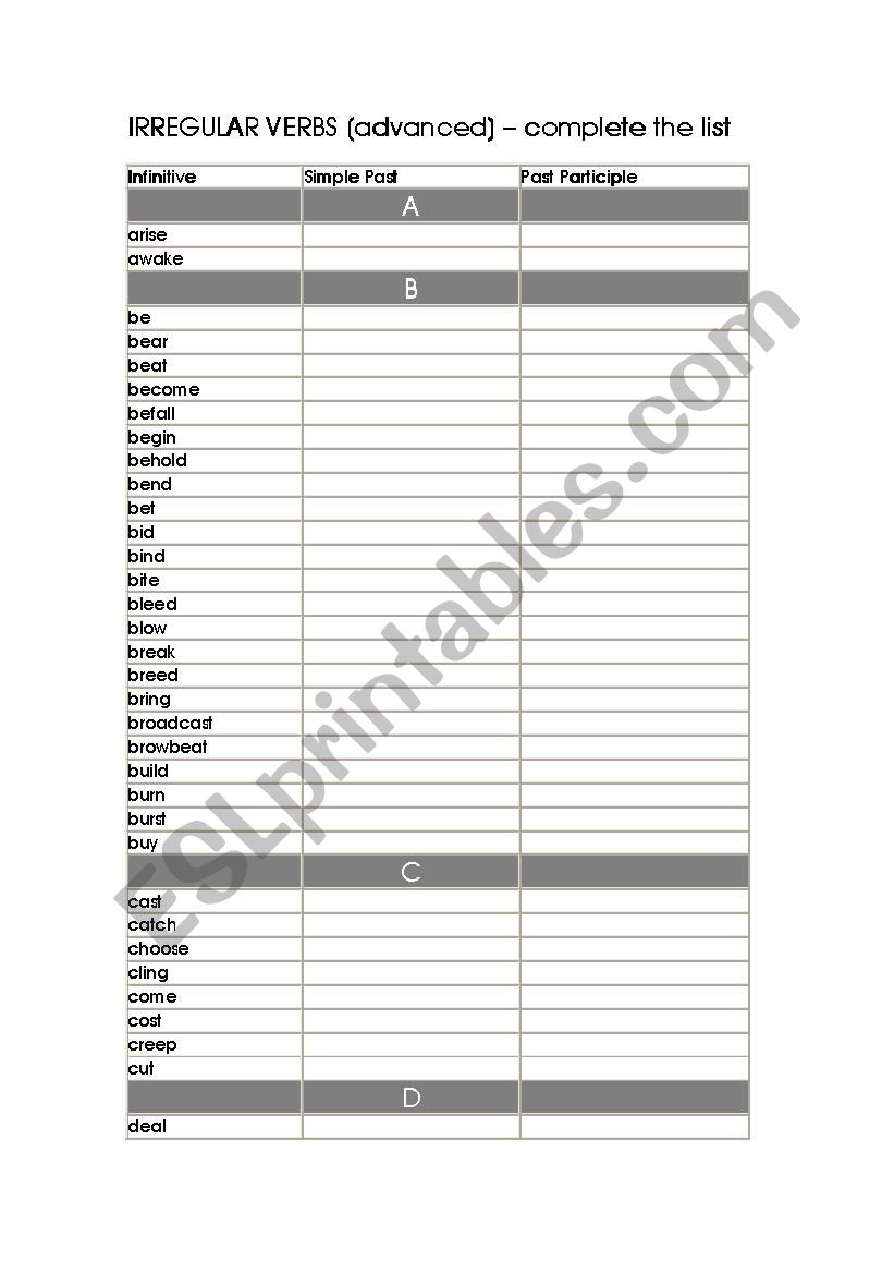 Irregular verbs exercise - complete the list (advanced)