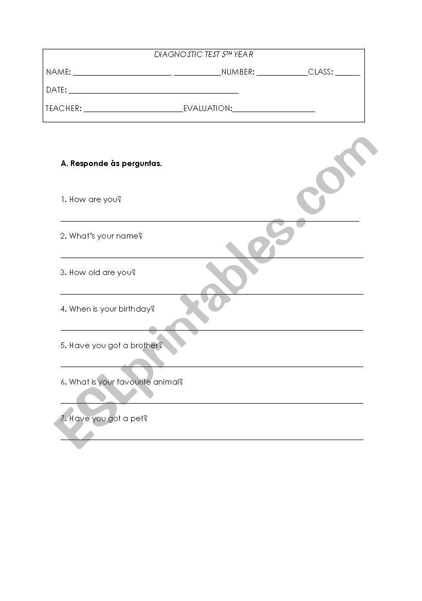 5th form diagnostic test worksheet