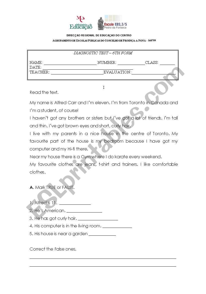 Diagnostic Test worksheet