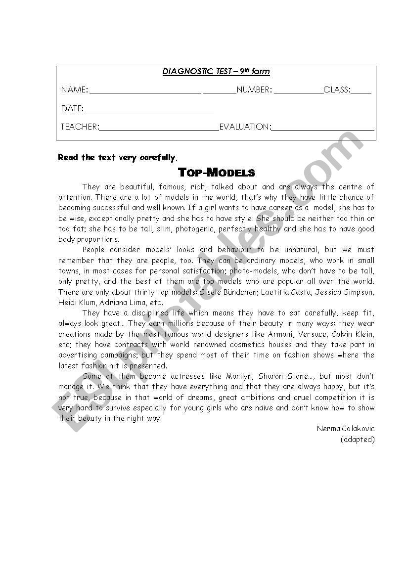 Diagnostic test worksheet