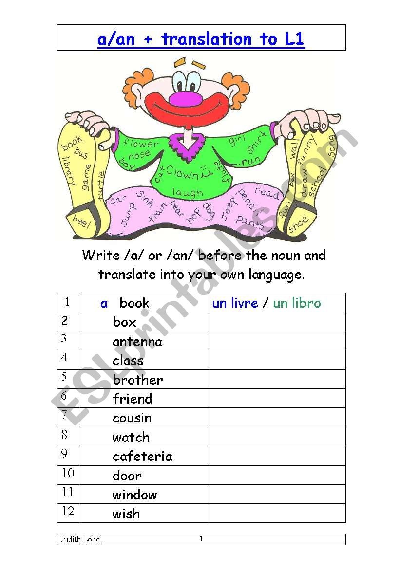 a/an and traslation skills worksheet