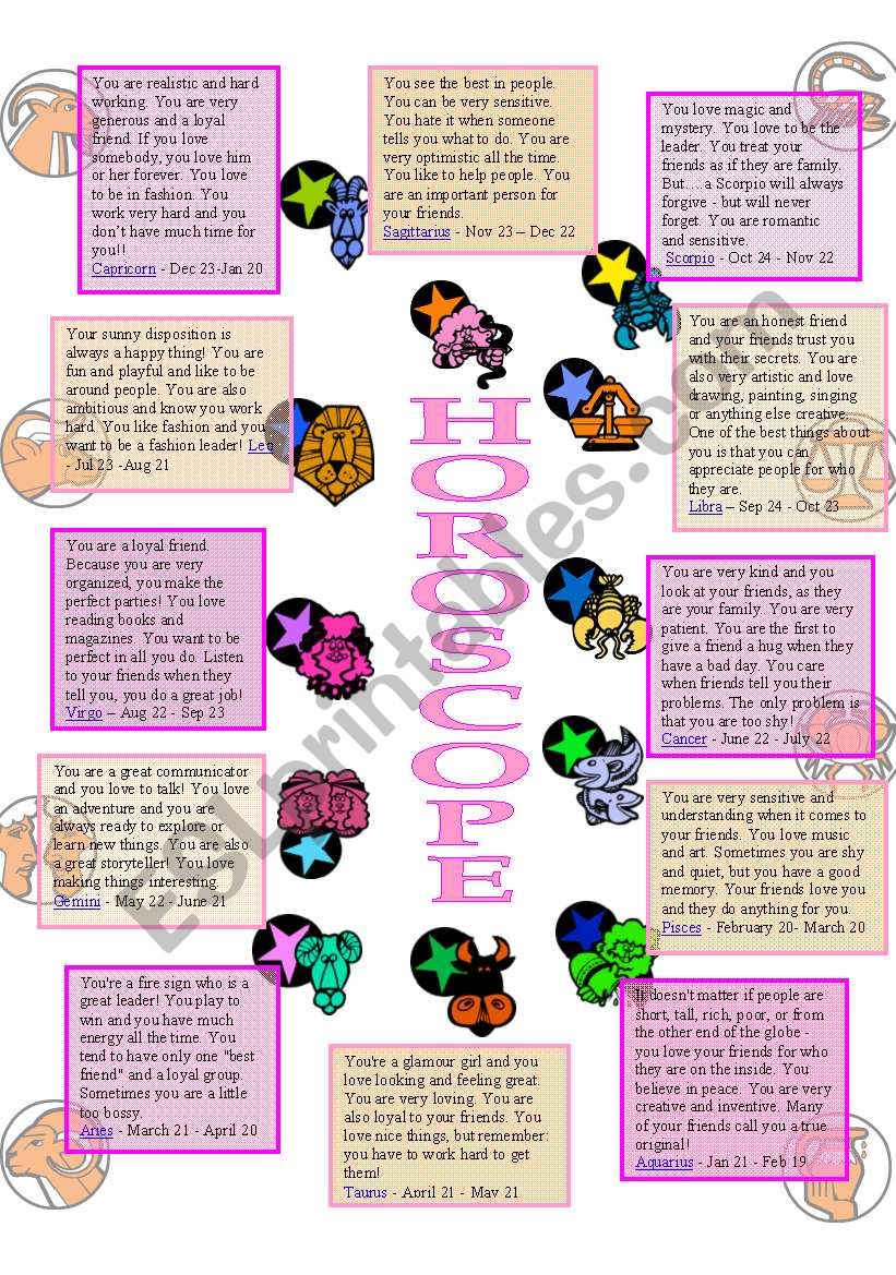 HOROSCOPE 1of2 (the reading ) worksheet