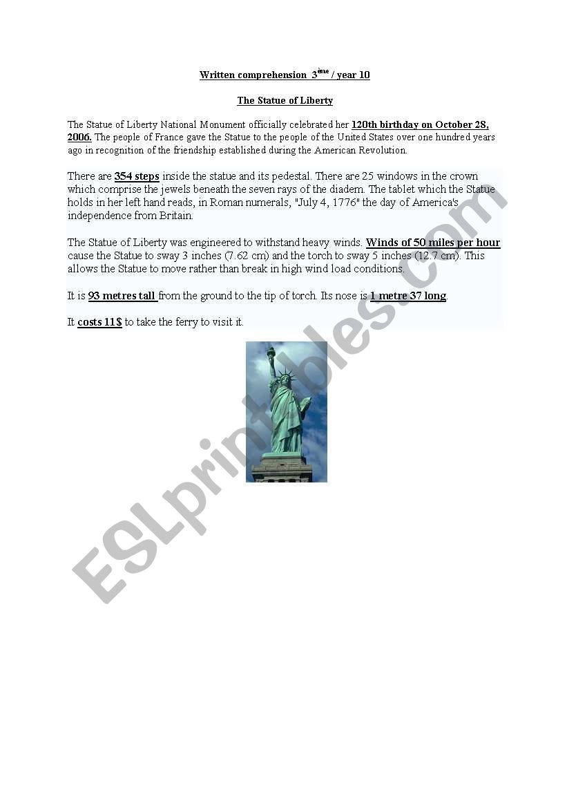 the statue of Liberty worksheet