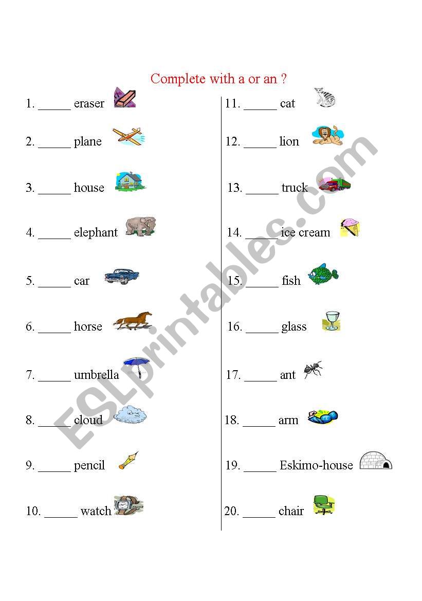 complete ( a or an ) worksheet