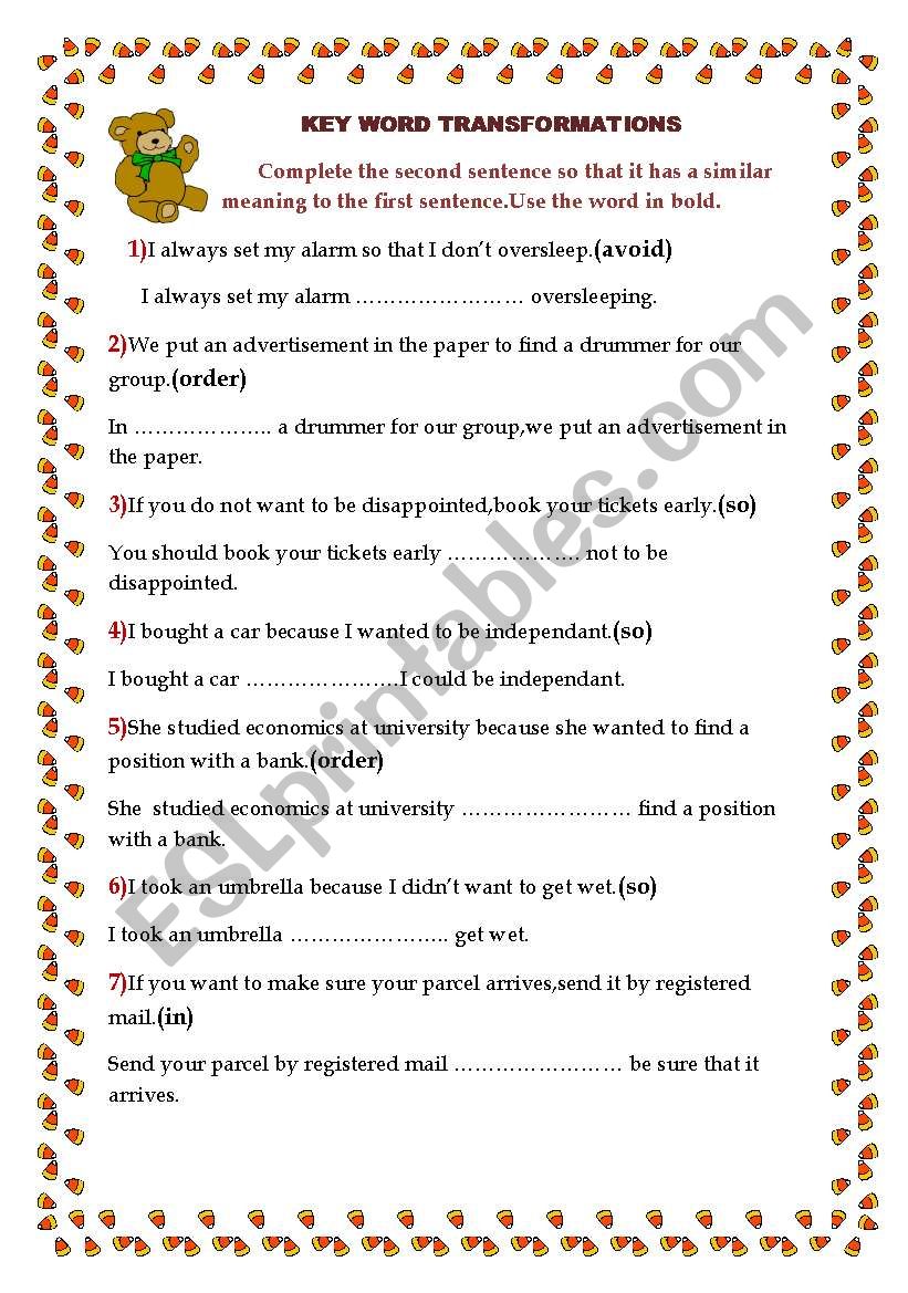 KEY WORD TRANSFORMATIONS worksheet