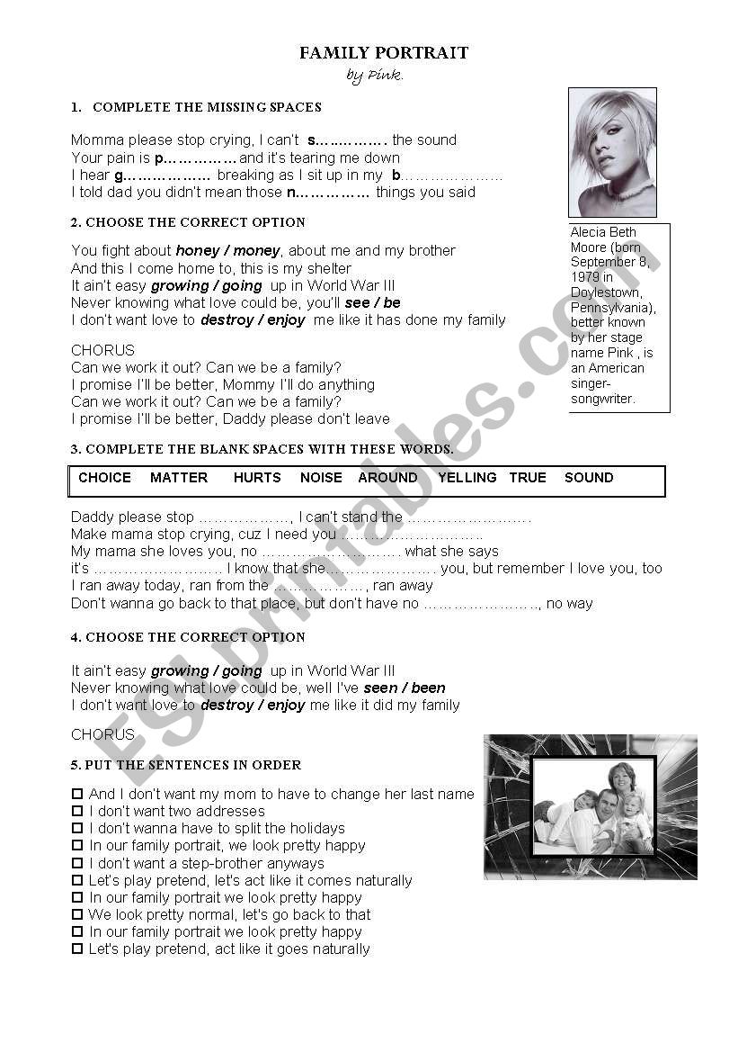 PINK - FAMILY PORTRAIT song / video worksheet