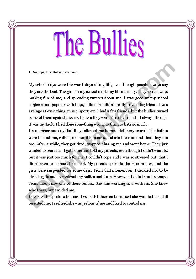 The bullies worksheet