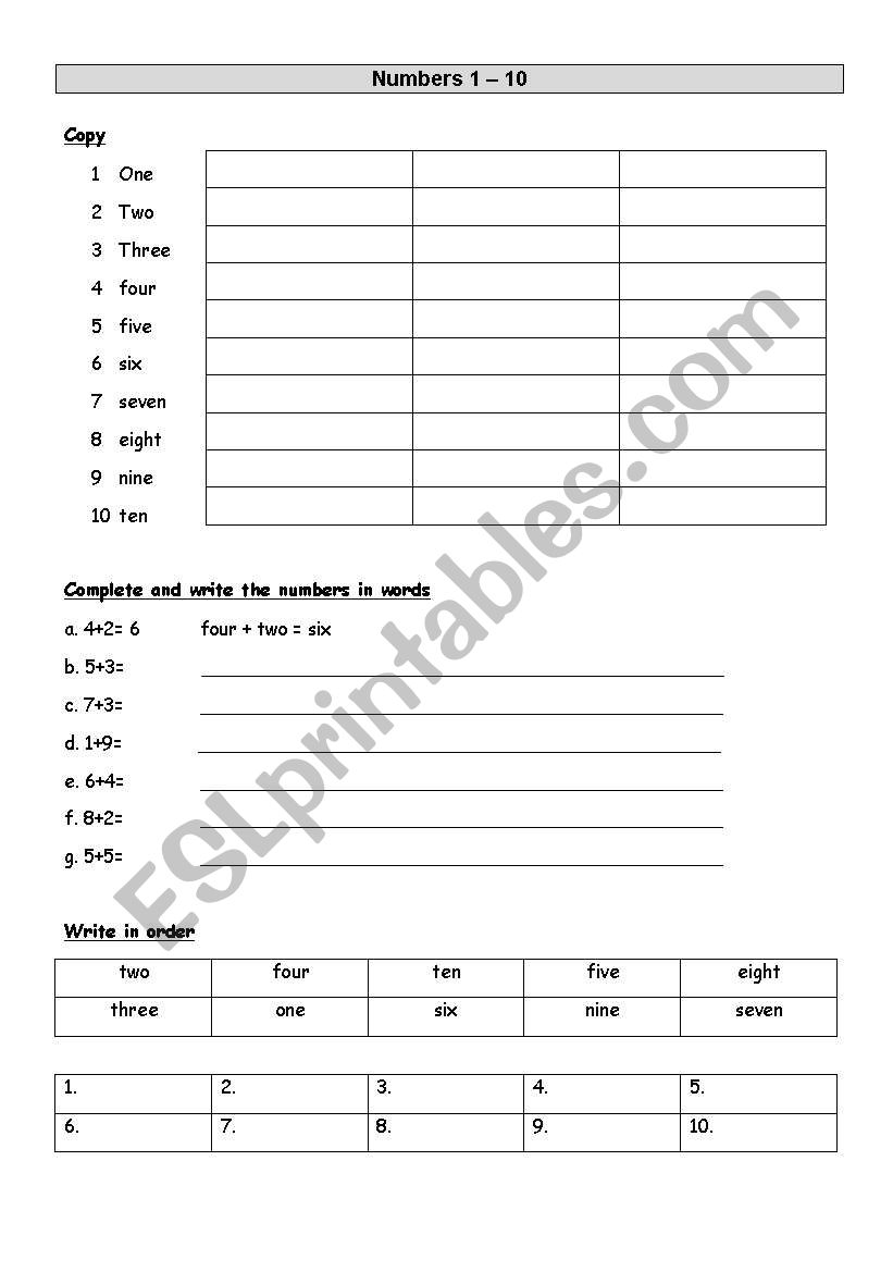 Numbers 1 to 10 worksheet