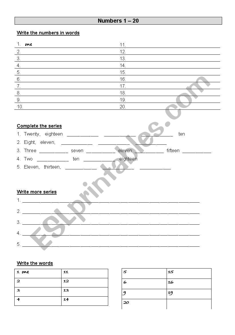 Numbers 1 to 20 worksheet