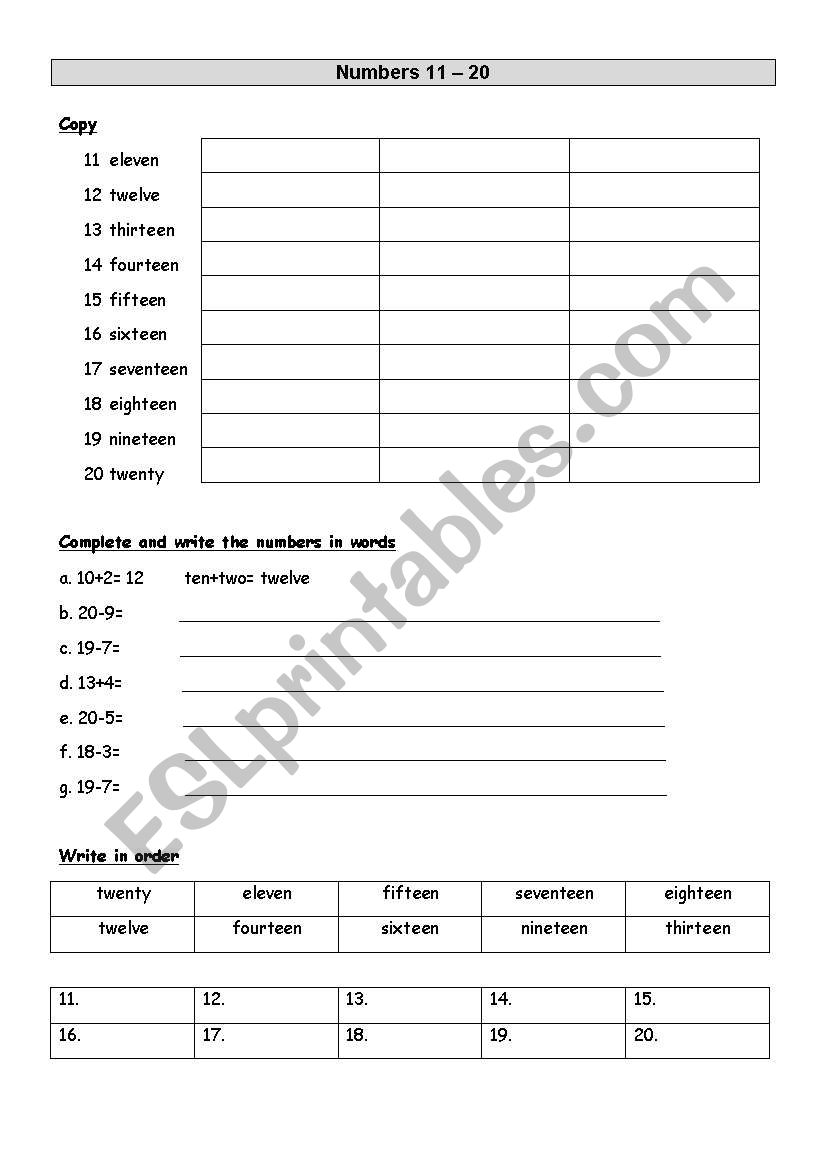 Numbers 11 to 20 worksheet