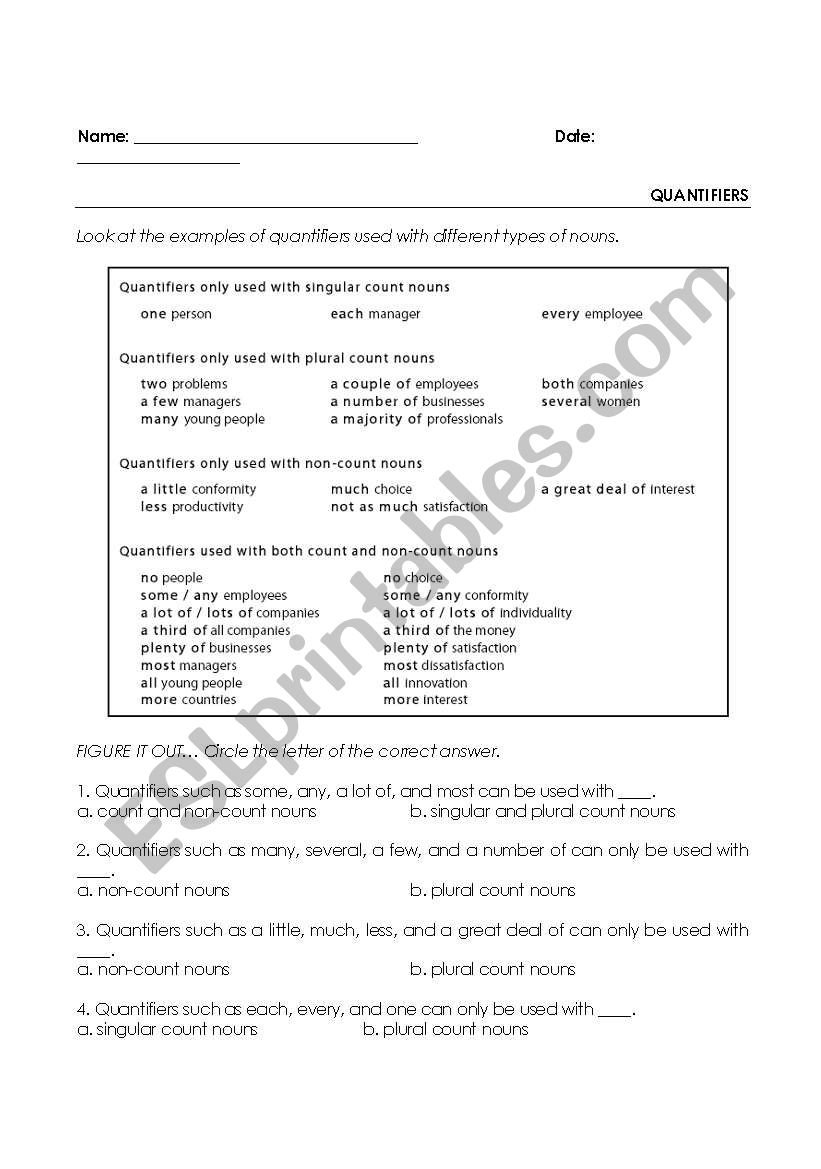 Quantifiers worksheet