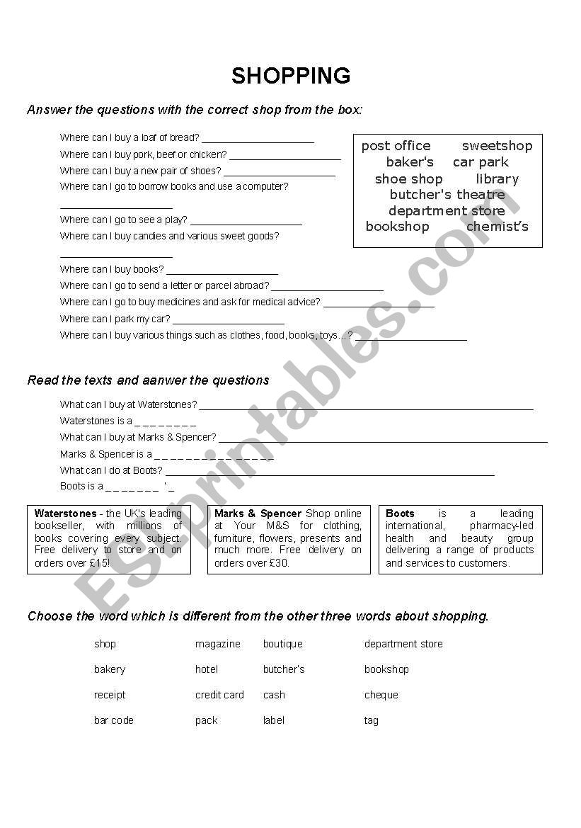 shopping worksheet