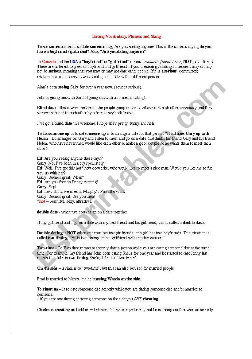 Dating words and idioms. worksheet