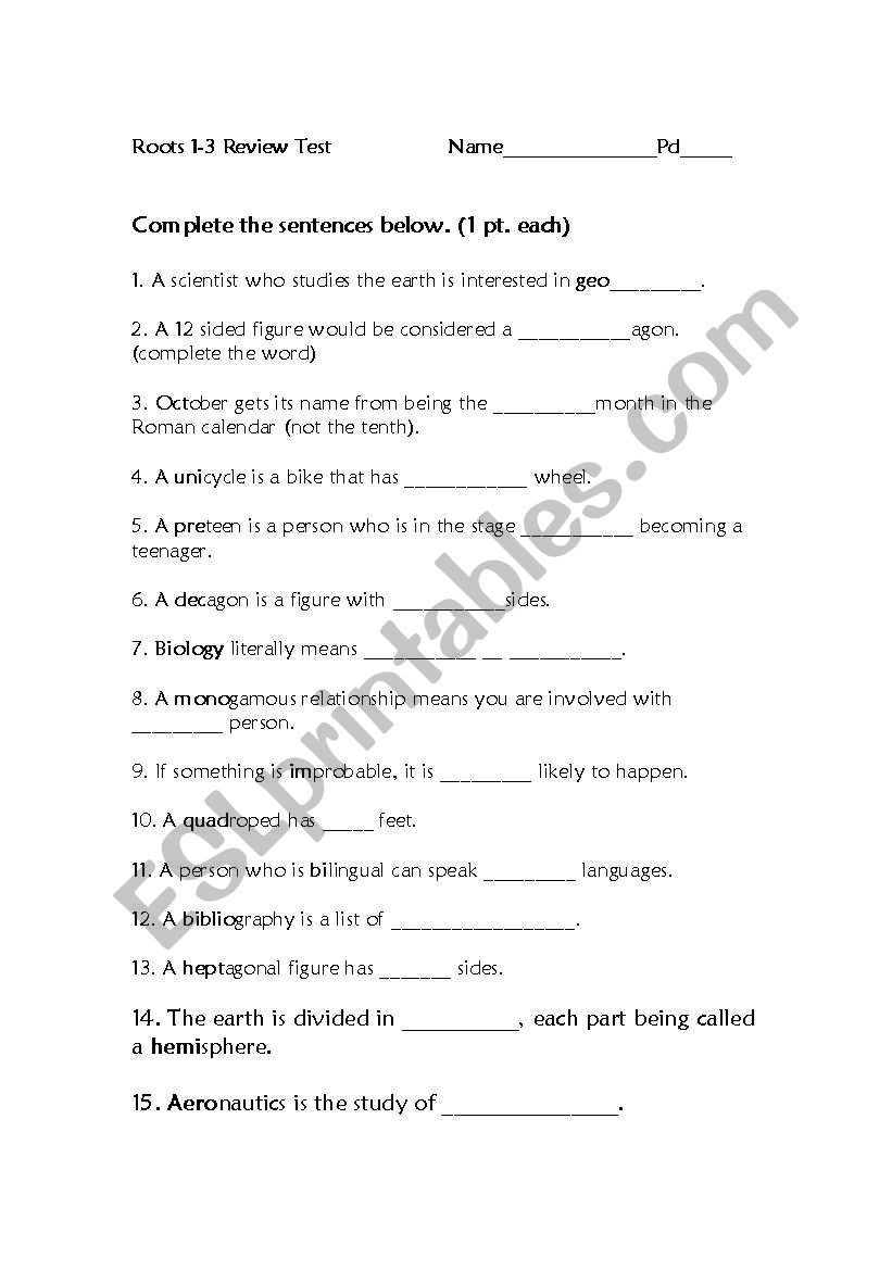 Greek and Latin Roots worksheet