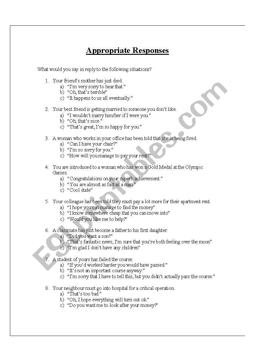 Sympathy and Congratulations worksheet
