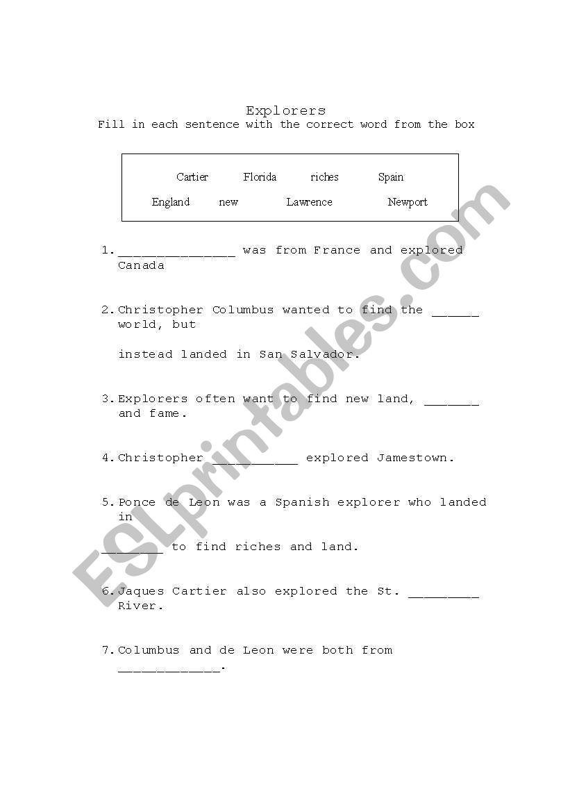 Explorers fill-in-the-blank worksheet