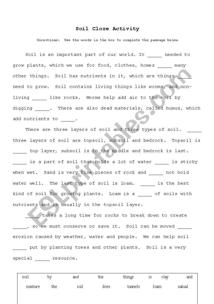 Soil Cloze worksheet