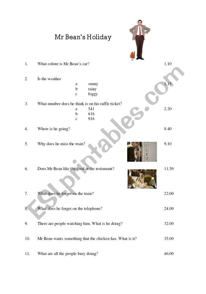 Mr Beans Holiday worksheet