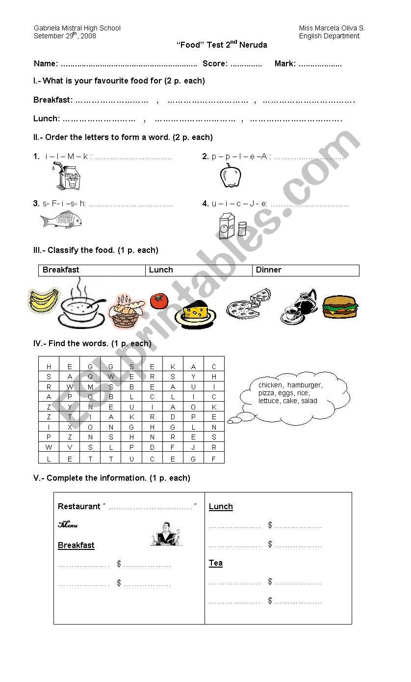 test food worksheet