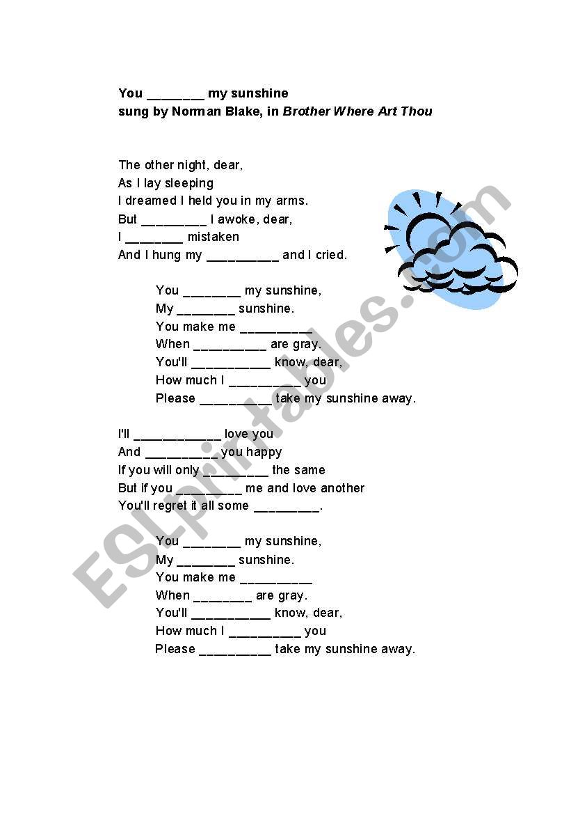 Song: You Are My Sunshine worksheet