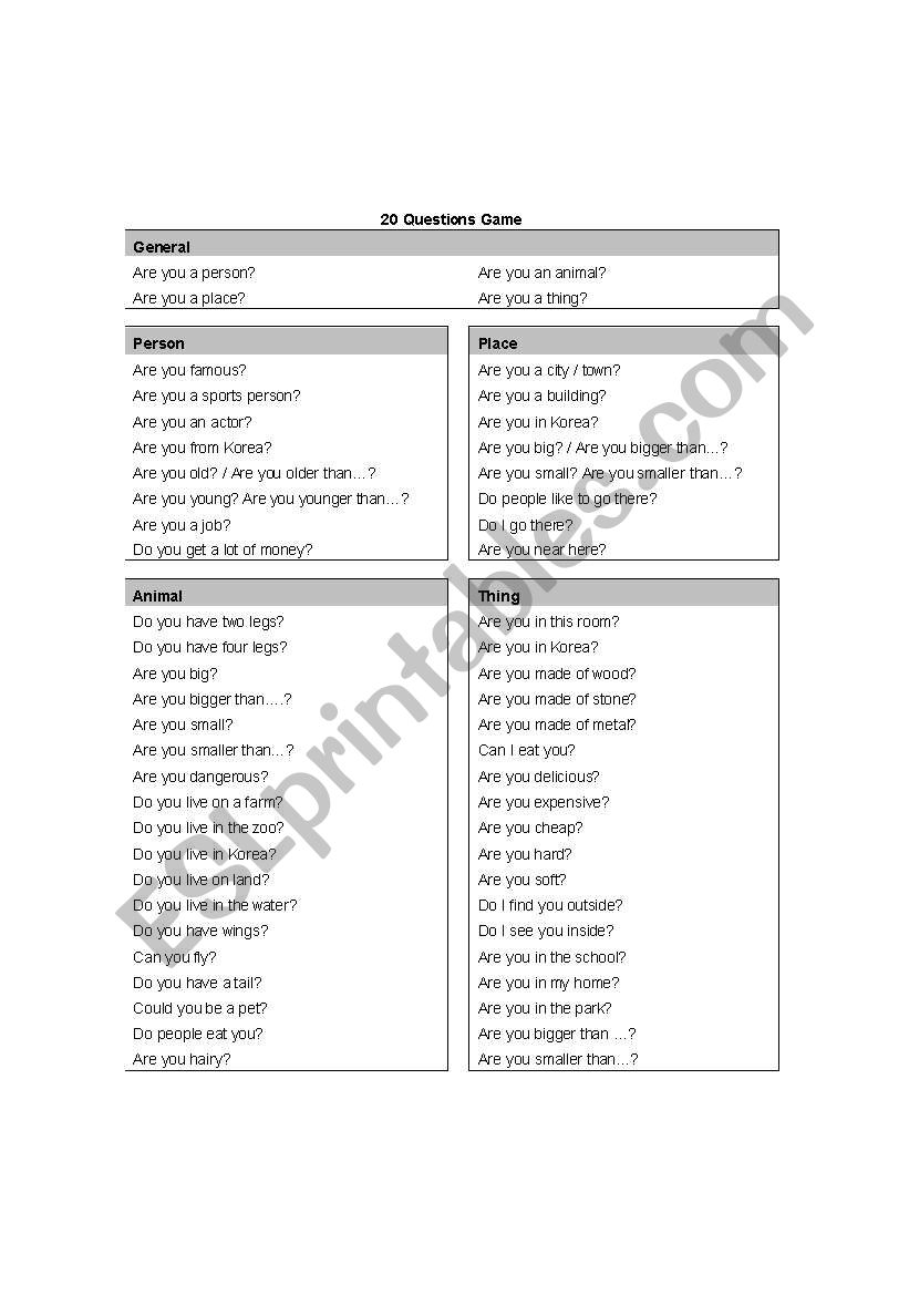 20 questions game worksheet