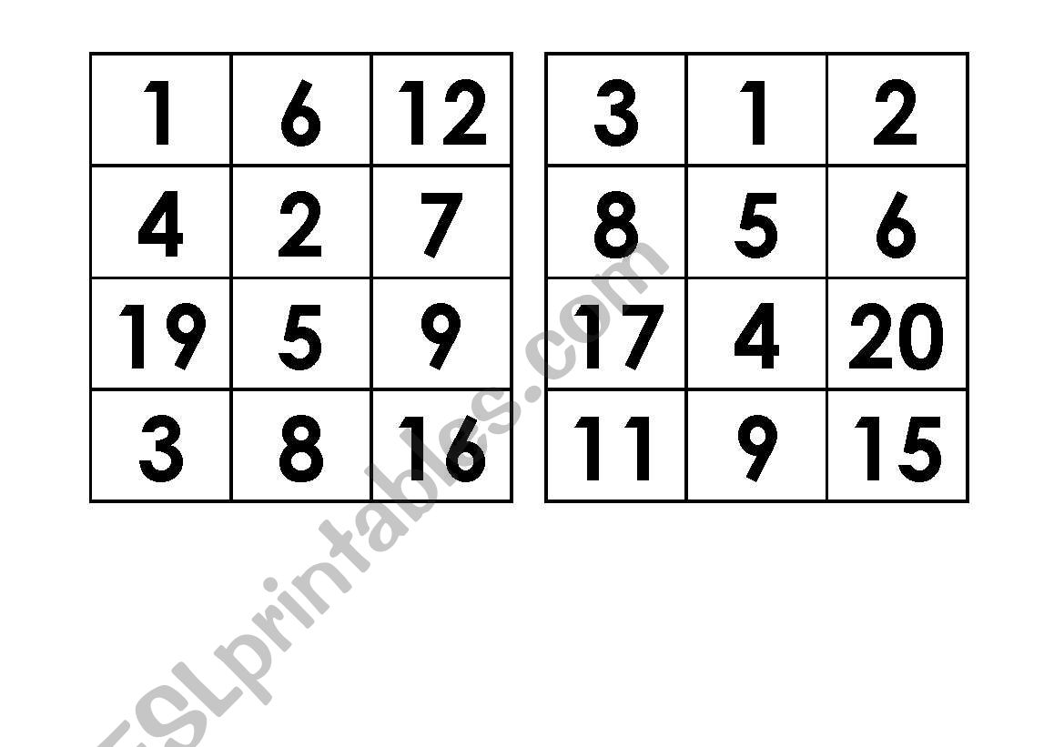Numbers Bingo worksheet