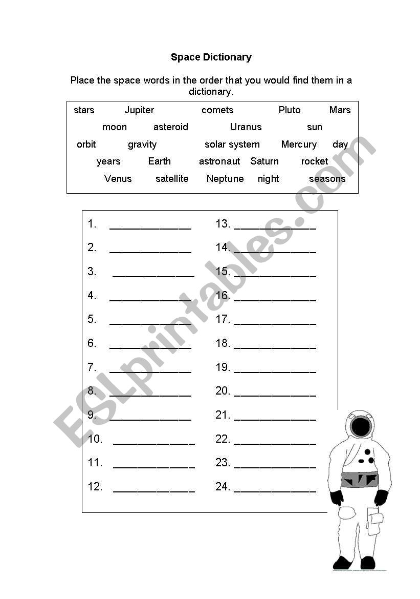 space dictionary worksheet