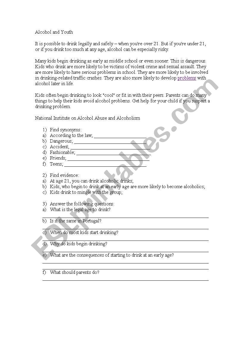 Drinking and youth worksheet
