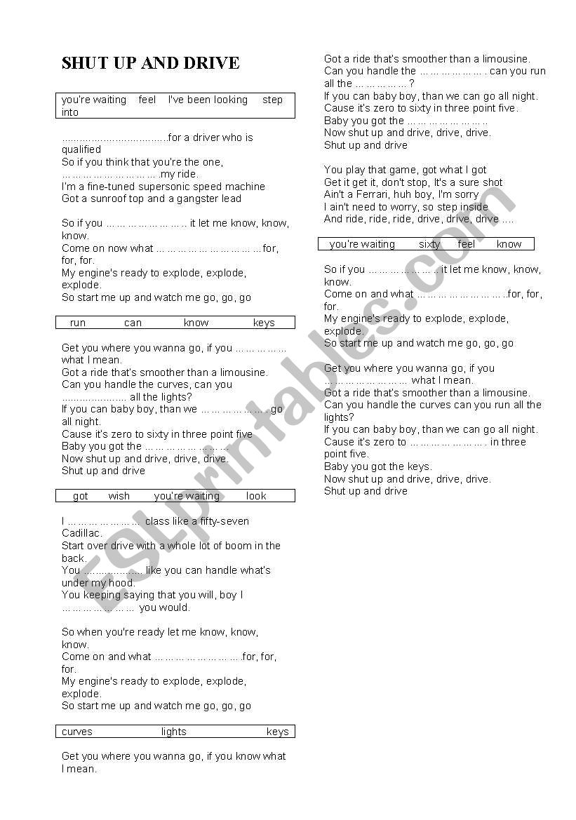 Sut up and drive worksheet