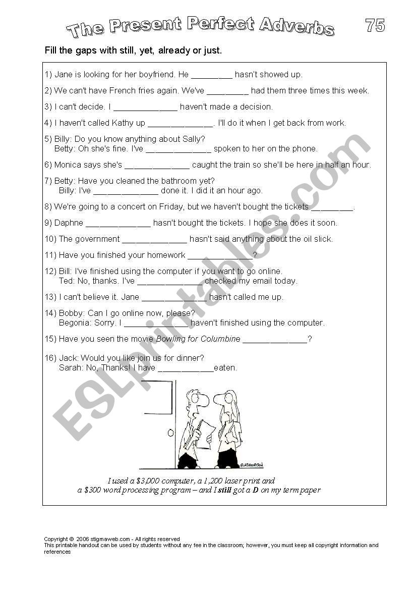 Present perfect Adverbs  worksheet