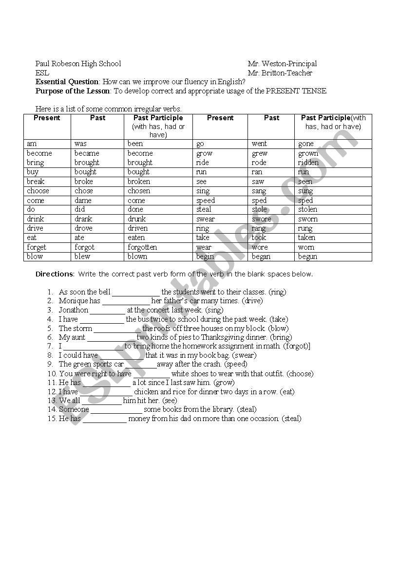 reviewing irregular verbs worksheet