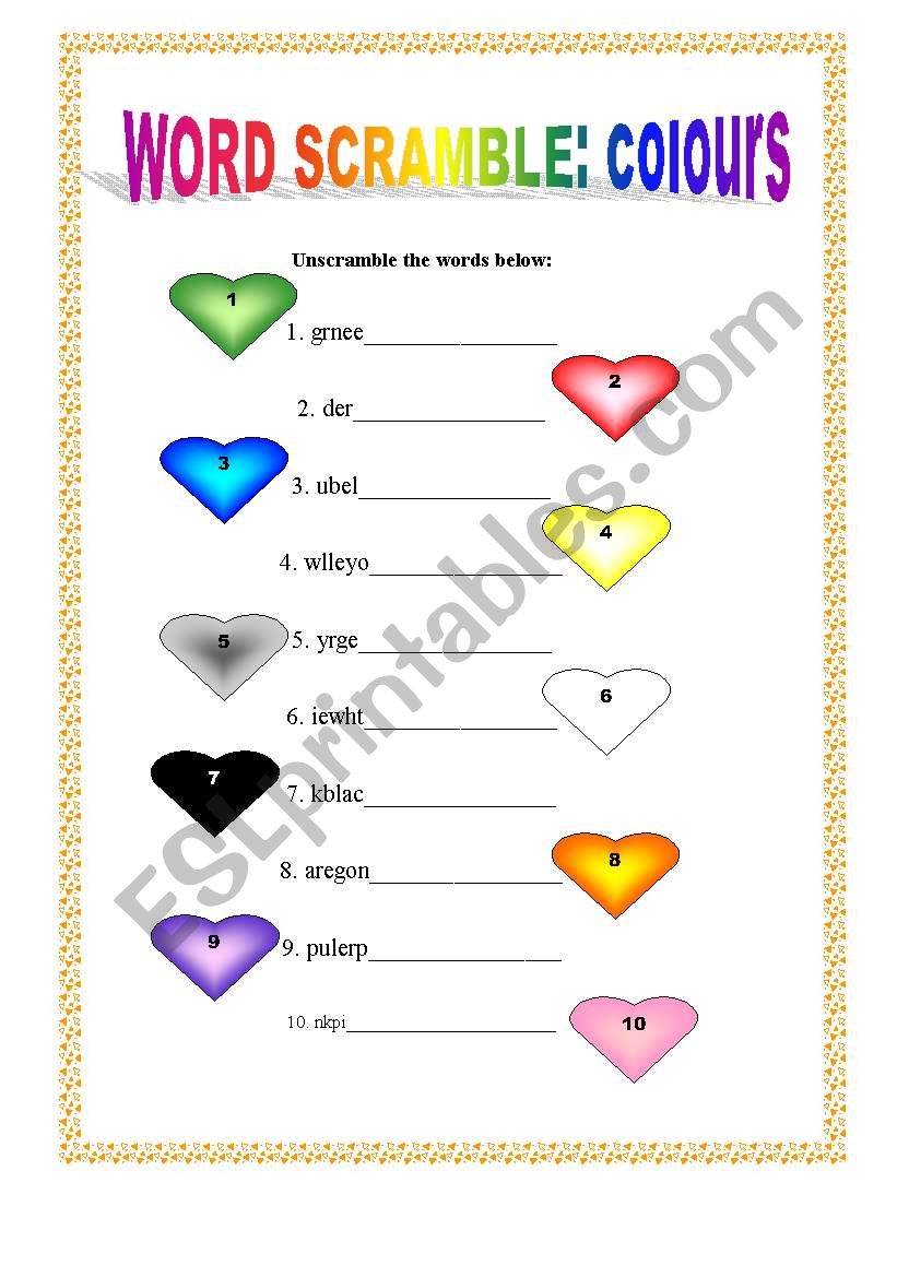 word scramble: colours worksheet
