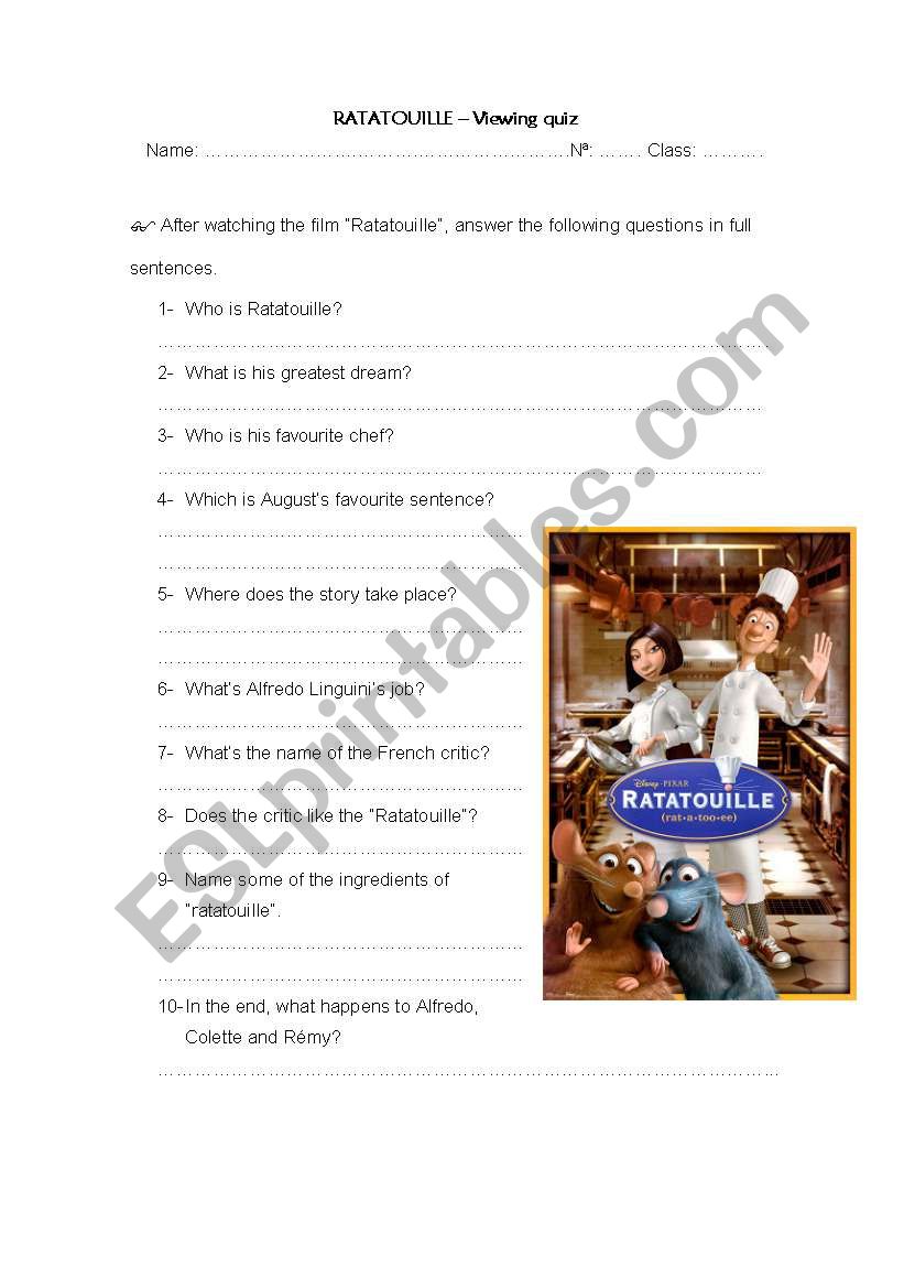 Ratatouille viewing quiz worksheet