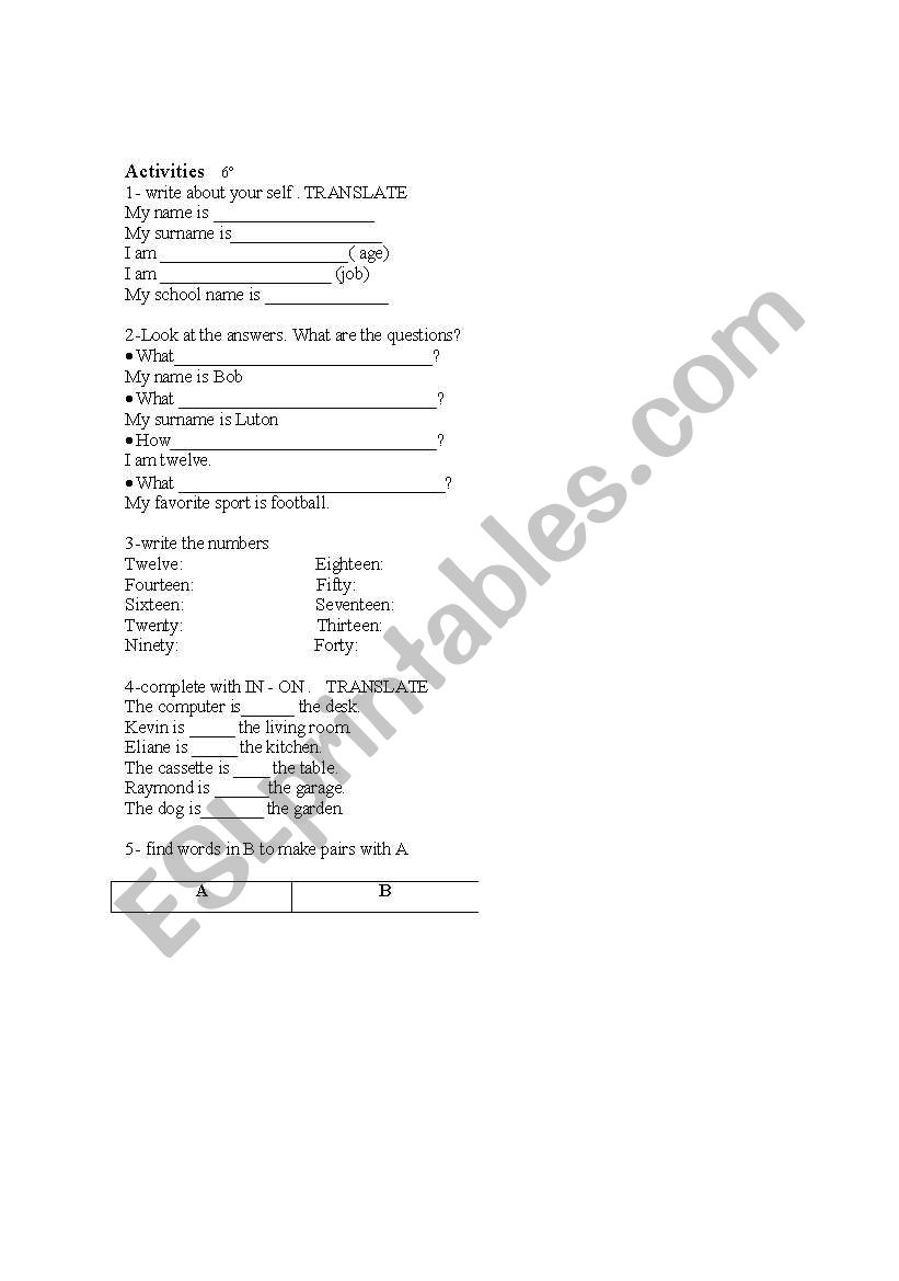 activities worksheet