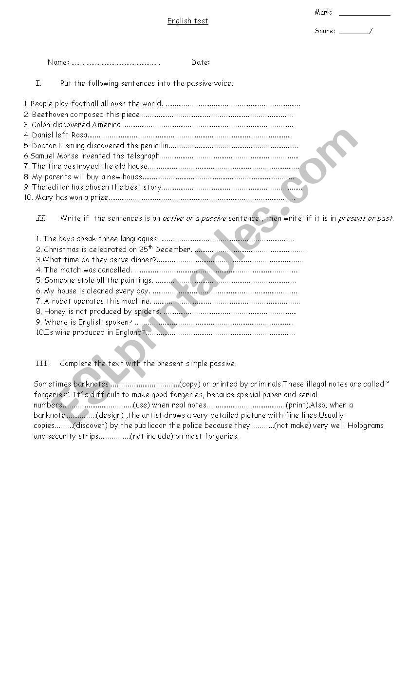 test passive worksheet