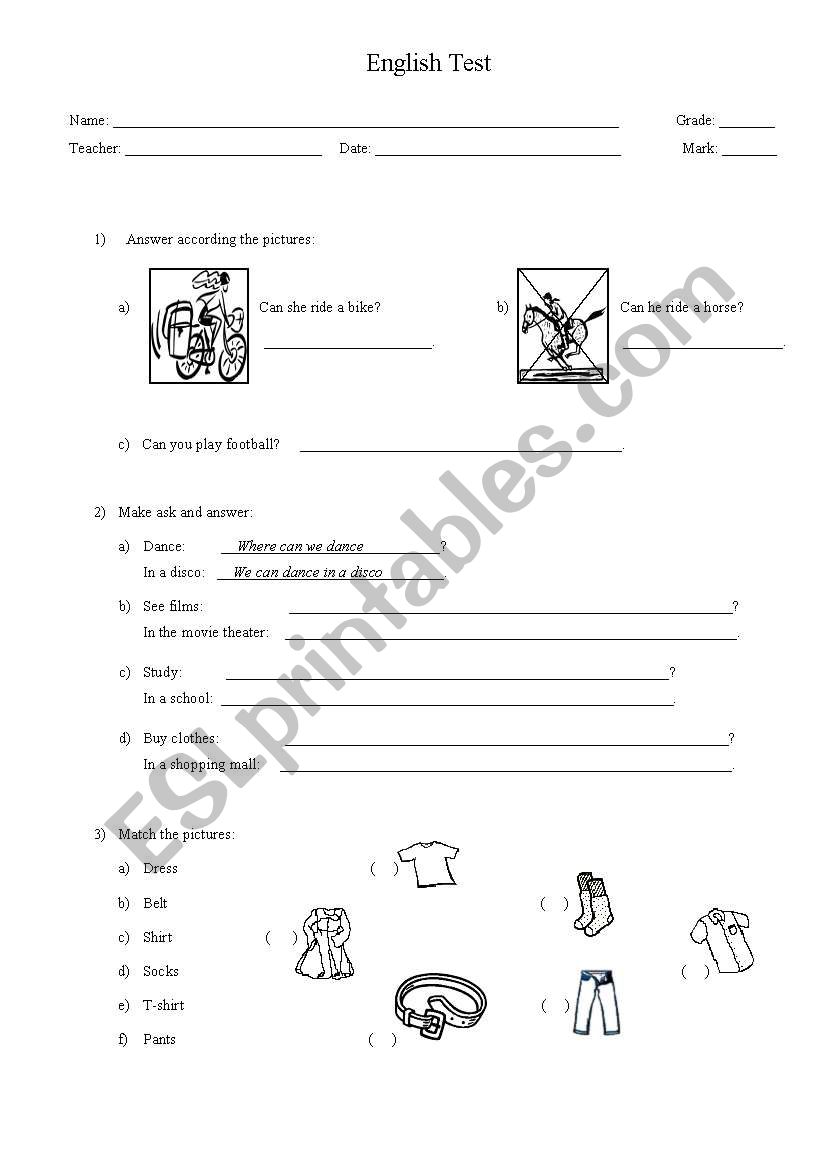 English Test worksheet