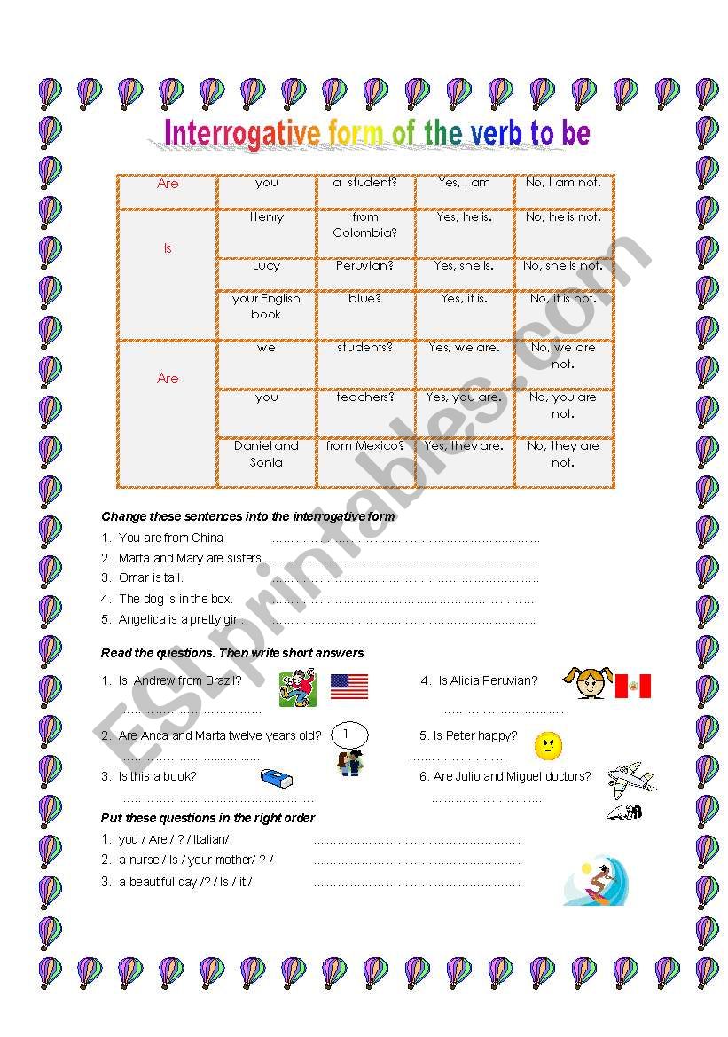 Verb To Be Interrogative Form Worksheets