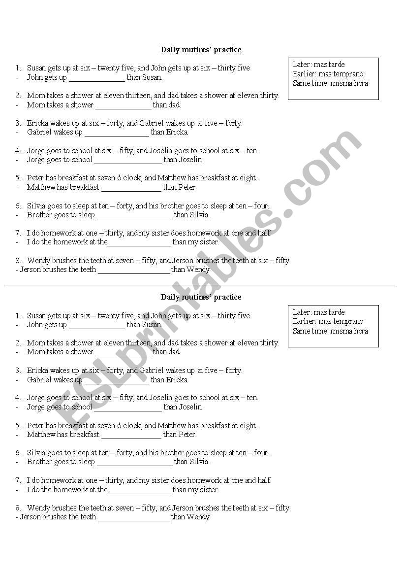 Daily routines worksheet