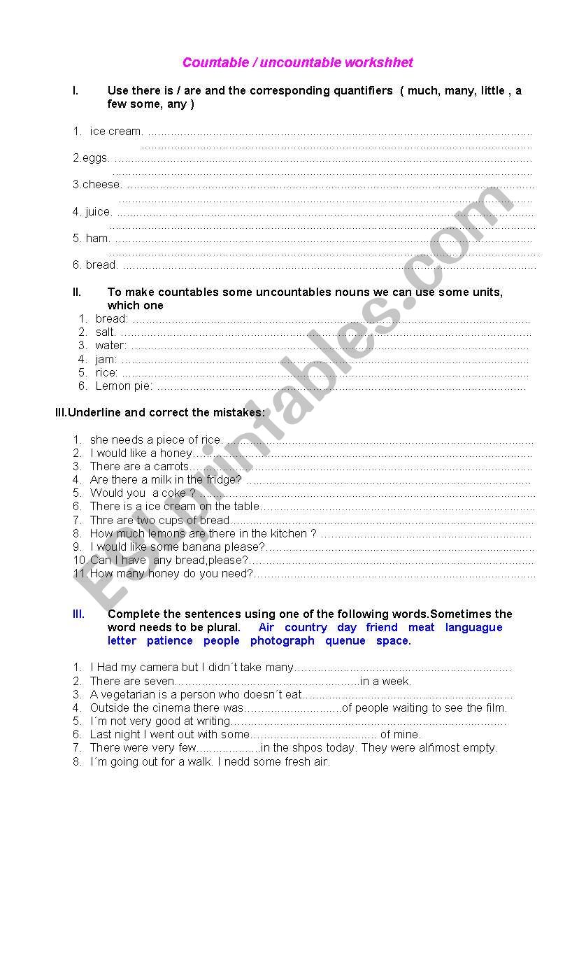 countable / uncountable worksheet