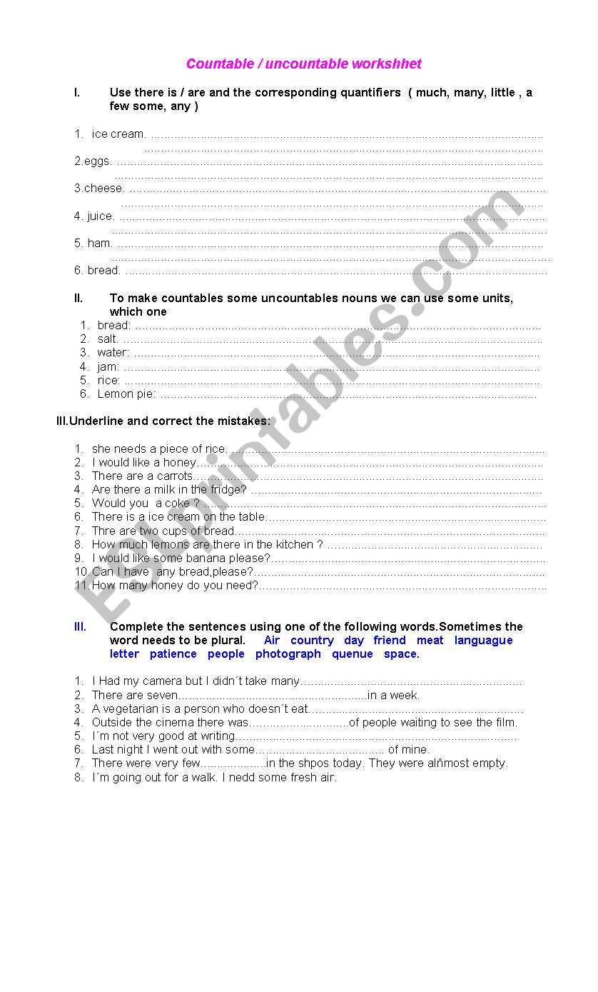 countable / uncountable worksheet