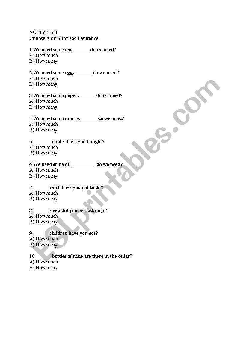 much&many worksheet