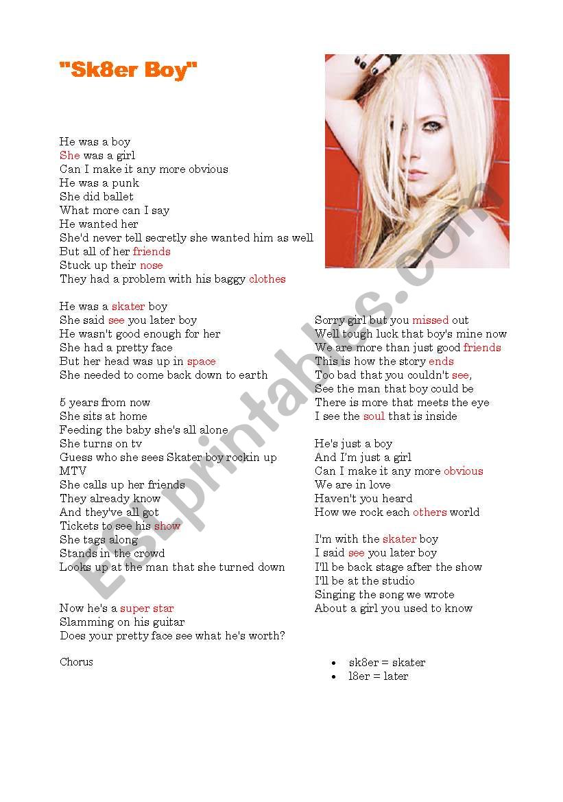 Avril Lavigne Song worksheet